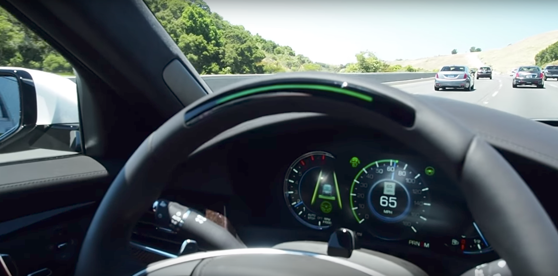 Steering wheel showing General Motors' SuperCruise technology at work.