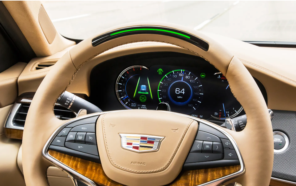 Steering wheel showing General Motors' SuperCruise technology at work.